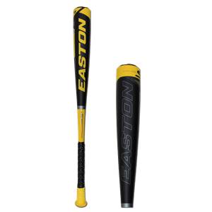 Side view of a black and yellow baseball bat with EASTON text and a black grip.
