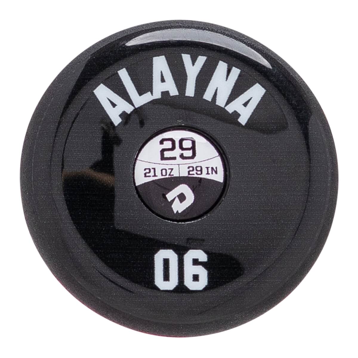 End cap view of a black baseball bat with ALAYNA, 29, 21 OZ, 29 IN, and 06 printed in white.
