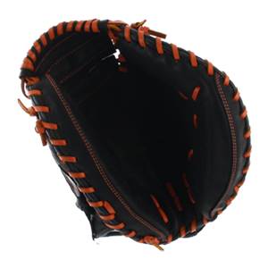Top-down view of a black baseball glove with orange lacing and stitching.