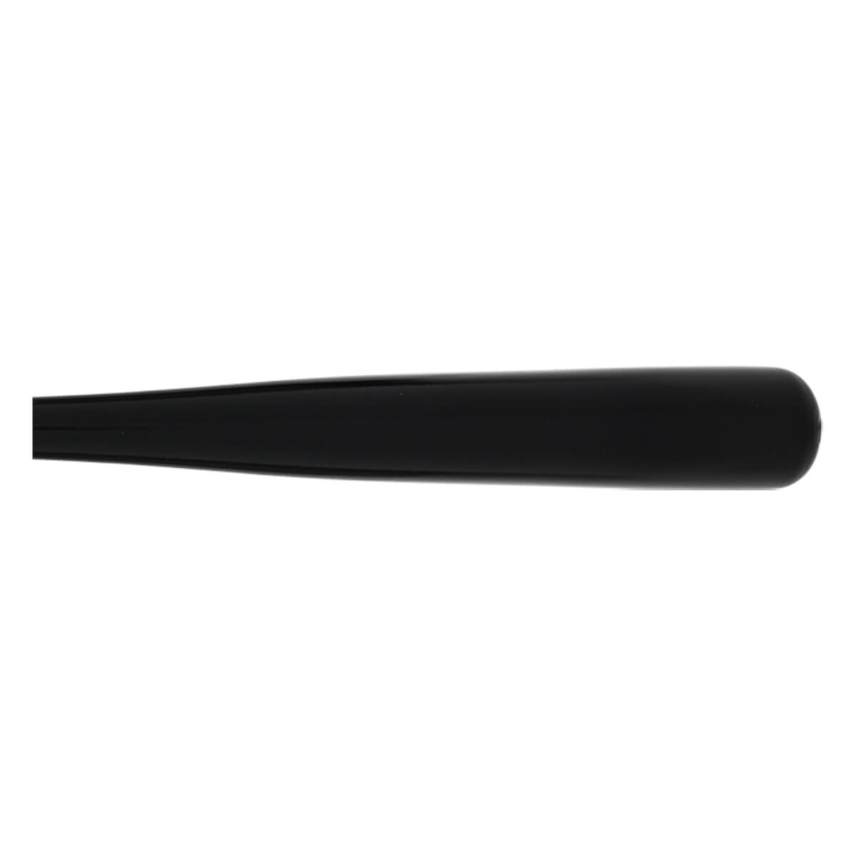 Side view of a black baseball bat with a smooth, rounded end.