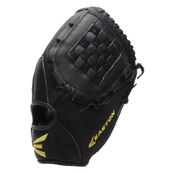 Side view of a black softball glove with a woven palm and yellow Easton branding.