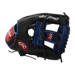 Side view of a black baseball glove with blue accents and white Rawlings branding.