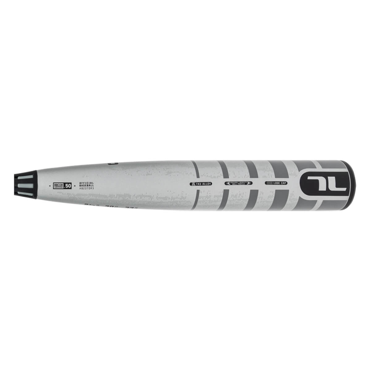 Side view of a silver baseball bat barrel featuring dark grey vertical stripes, the stylized Tucci logo, and text including TX3 ALLOY and BBCOR .50.
