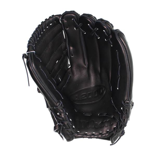 Top-down view of a black baseball glove with A2000 and Wilson branding.