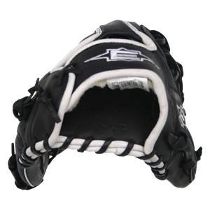 Top-down view of a black baseball glove with white lacing and an Easton logo.