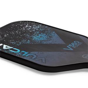 Corner view of a black pickleball paddle with blue splatter and V560 POWER text.