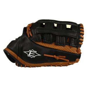 Side view of a black and tan first base mitt with white Easton logo and tan lacing.