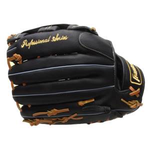 Side view of a black baseball glove with gold Professional Series embroidery and tan lacing.