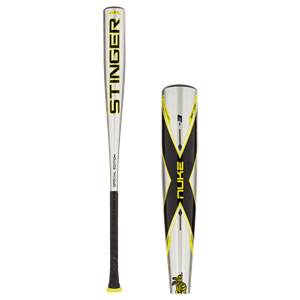 Front view of a silver baseball bat with yellow STINGER text and black grip.