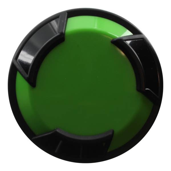 End view of a green baseball bat with black accents and a circular design.