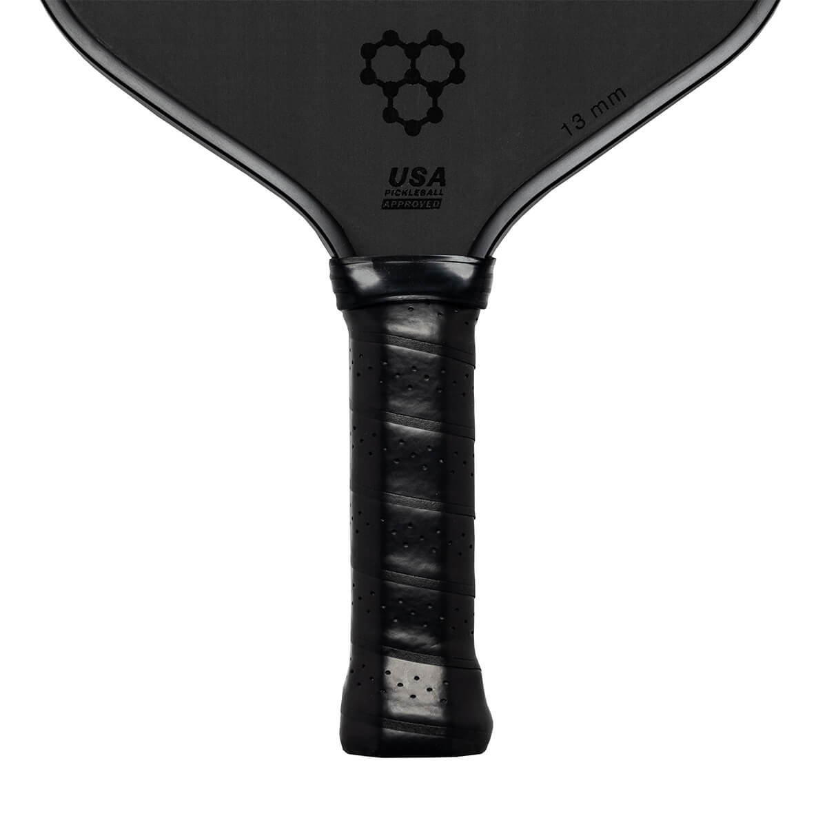 Top-down view of a black pickleball paddle with a honeycomb logo, USA PICKLEBALL APPROVED text, and 13 mm marking.