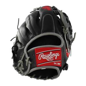 Front view of a black baseball glove with a red Rawlings logo and gray trim.