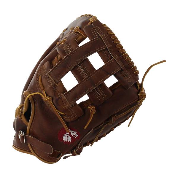 Side view of a brown baseball glove with a webbed pocket and a red leaf logo.