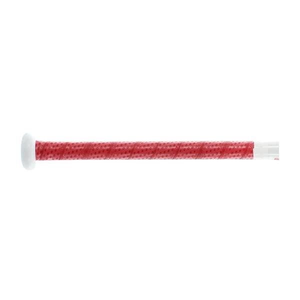 Side view of a red baseball bat grip with a textured pattern and white end cap.