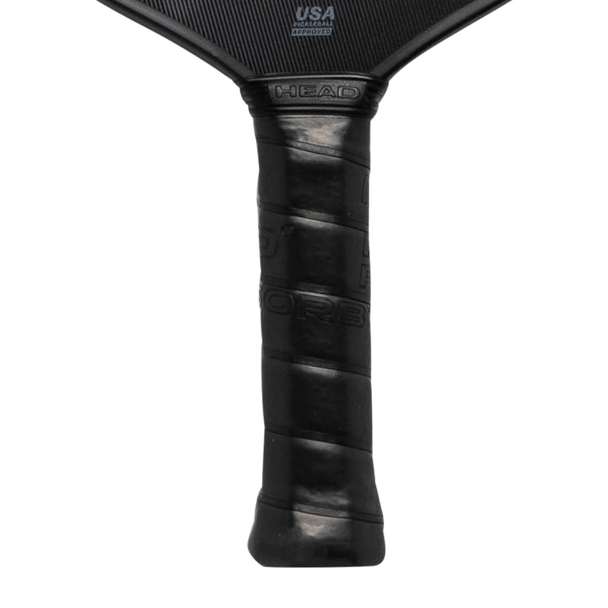 Top-down view of a black pickleball paddle with HEAD and USA PICKLEBALL APPROVED text.