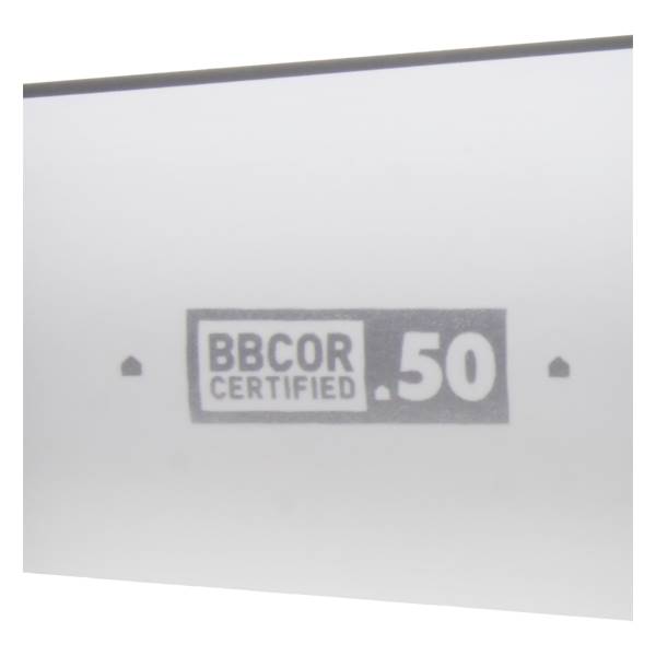Close-up of a white baseball bat with a gray BBCOR CERTIFIED .50 stamp.