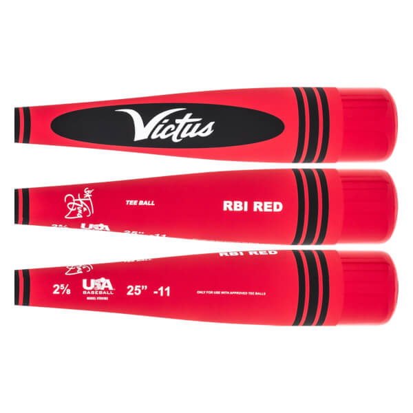 Top-down view of red baseball bats with black accents, Victus branding, and RBI RED text.