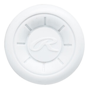 Top-down view of a white baseball bat end cap with a circular Rawlings logo and radial lines.