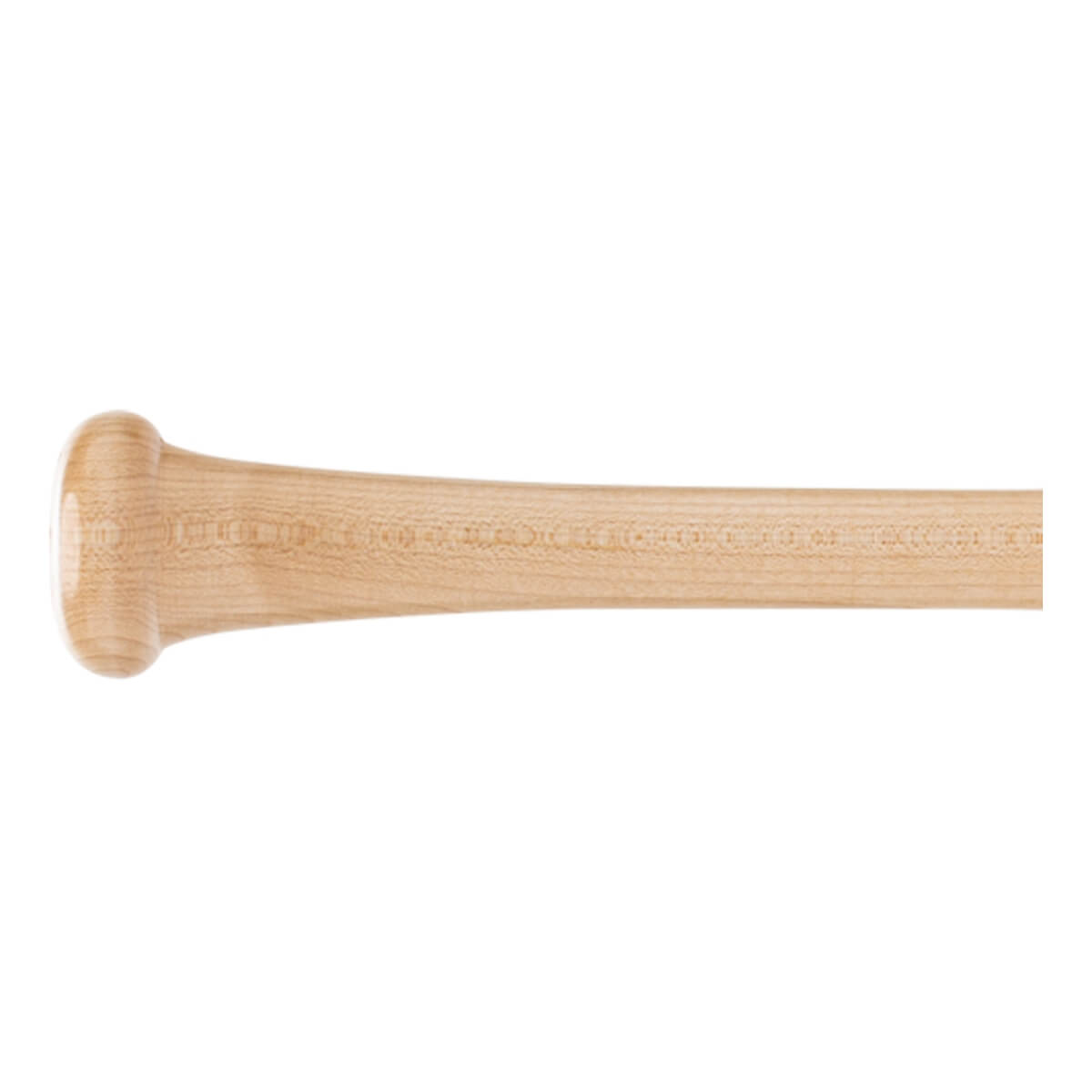 Side view of a light wood baseball bat with a rounded knob and engraved text.