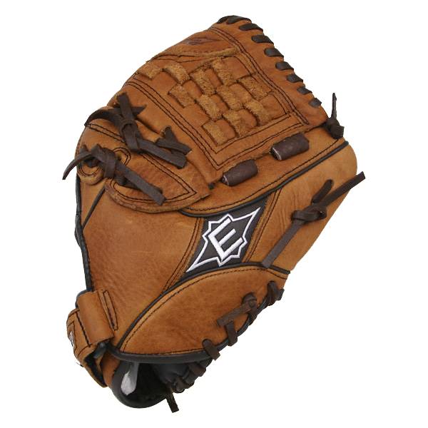 Top-down view of a brown baseball glove with a woven palm and white Easton logo.