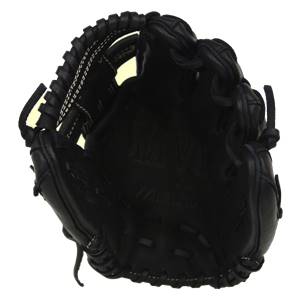 Top-down view of a black baseball glove with white stitching and embossed logo.
