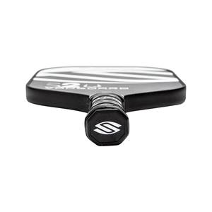 Bottom view of a black pickleball paddle with white diagonal stripes and an S logo on the grip.