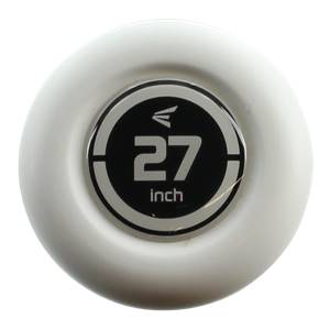 End view of a white baseball bat with a black circular emblem showing 27 inch and the Easton logo.