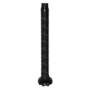Close-up of a black softball bat grip with white stitching and a black end cap.