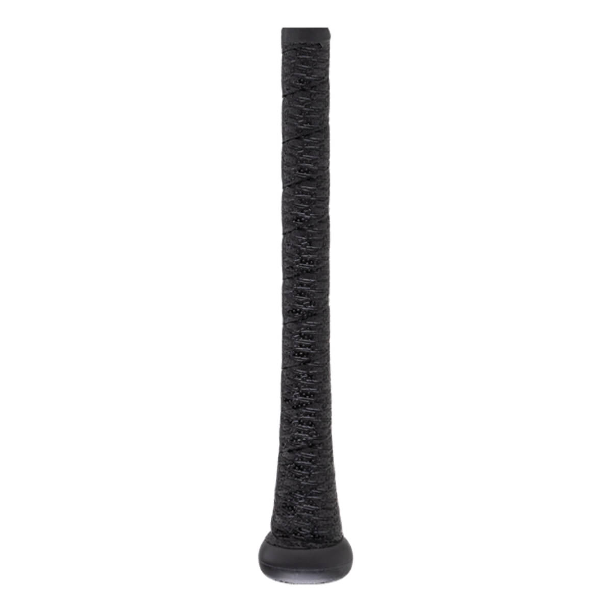 Close-up view of the baseball bat handle featuring black textured grip tape and a smooth, rounded black knob at the base.
