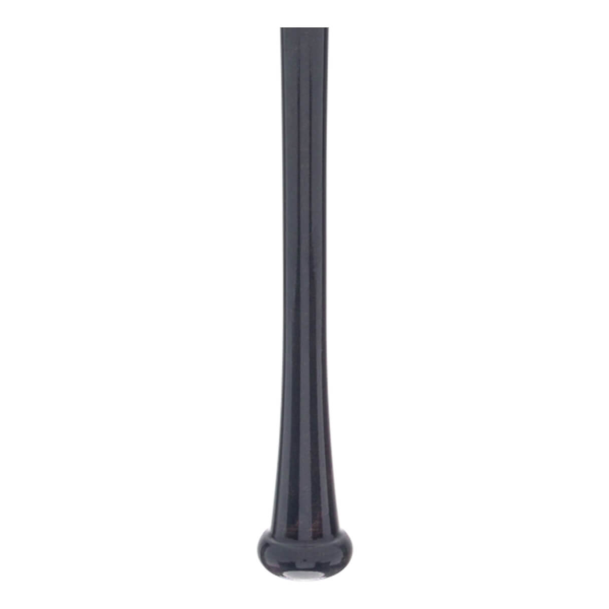 Side view of a black baseball bat with a flared knob and ribbed barrel.