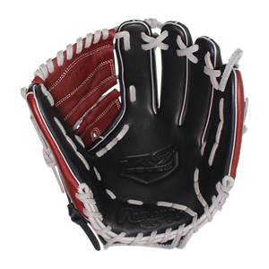 Front view of a black and red baseball glove with white lacing and R9 SERIES logo.