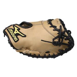 Top-down view of a tan catchers mitt with black lacing and a yellow Mizuno logo.