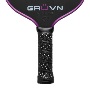 Top-down view of a black GRUVN RAW-16S pickleball paddle with purple trim and a perforated grip.
