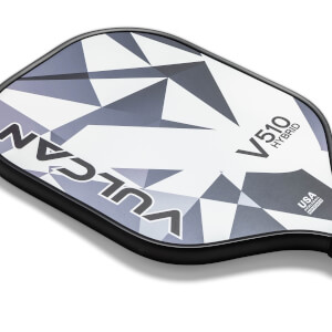 Corner view of a white and grey pickleball paddle with VULCAN and V510 HYBRID branding.