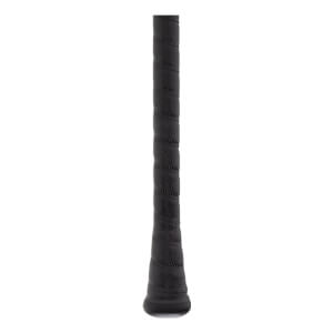 Close-up of a black baseball bat grip with a textured spiral pattern and a rounded end cap.