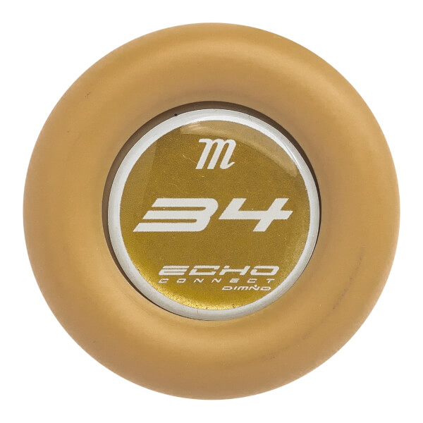 End view of a gold Marucci Echo Connect DMND -8 fastpitch softball bat with m, 34, and ECHO CONNECT DIMND branding.