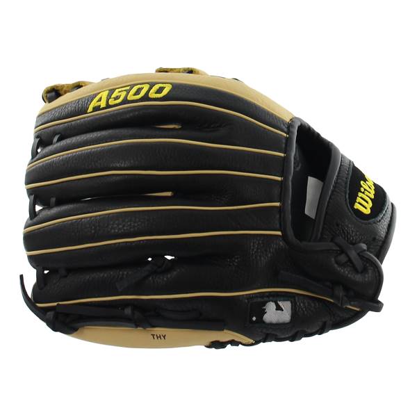 Side view of a black baseball glove with gold A500 branding and Wilson logo.