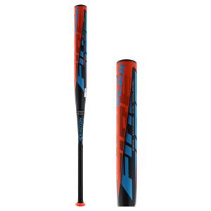 Side view of a black Easton bat with orange and blue FIRE FLEX graphics and EASTON text.