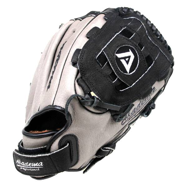Side view of a grey and black baseball glove with white stitching and the Akadema logo.