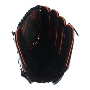 Front view of a black fastpitch glove with orange stitching and lacing.