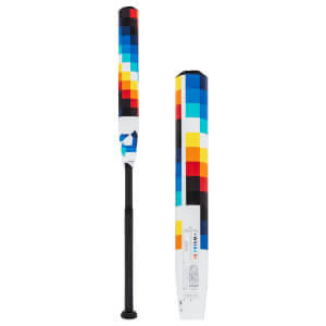 Side view of a multi-colored fastpitch softball bat with black grip, and close-up of its pixelated barrel with 10 PRISM+ text.