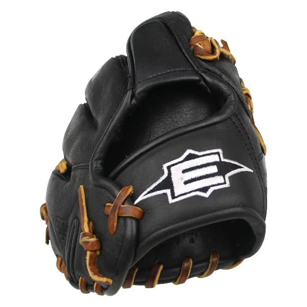 Side view of a black baseball glove with tan lacing and a white Easton logo.