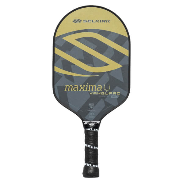 Front view of a black pickleball paddle with a gold S-curve design, maxima text, and Selkirk branding.