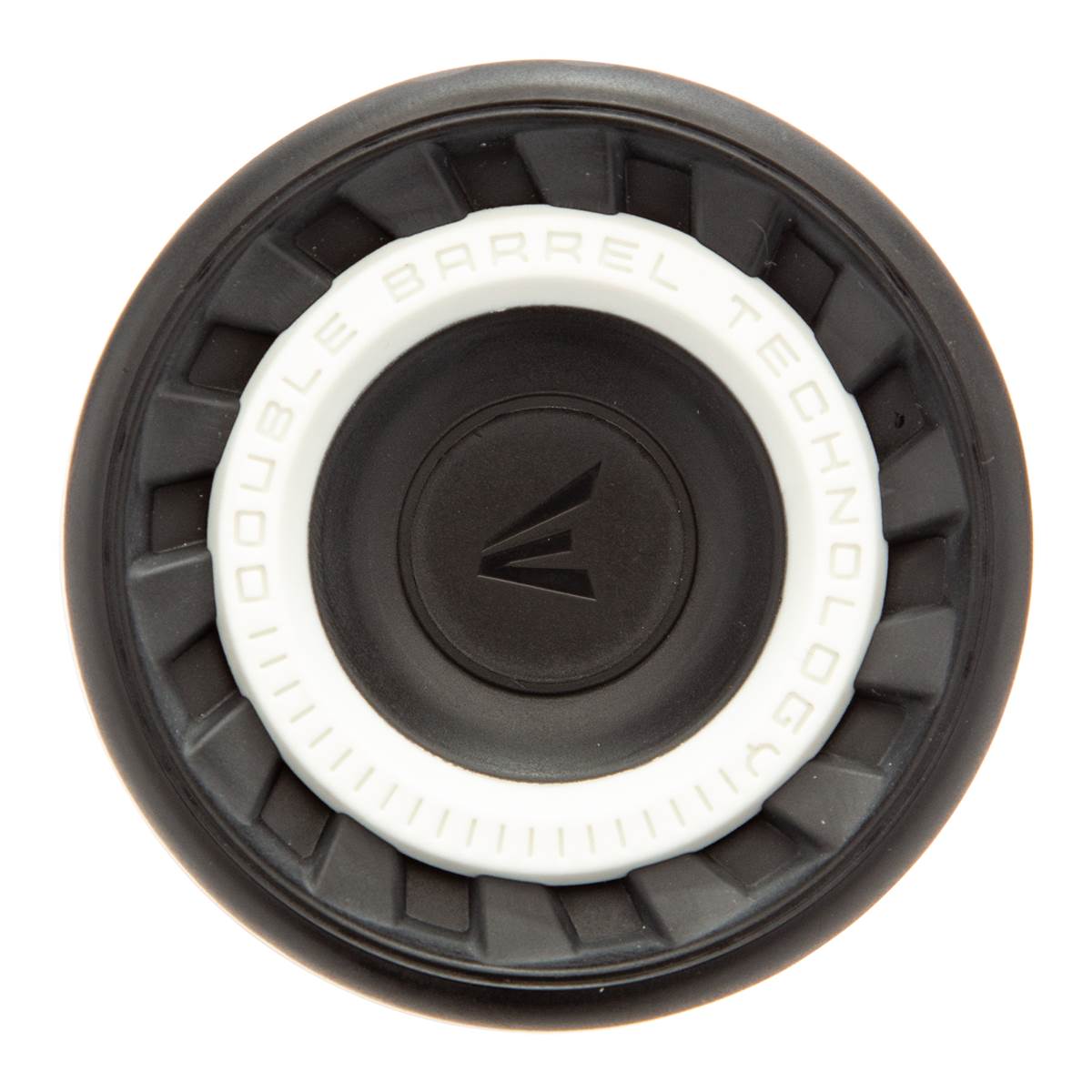 Top-down view of a black fastpitch softball bat end cap with white DOUBLE BARREL TECHNOLOGY text and Easton logo.