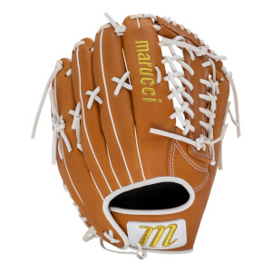 Back view of a tan leather baseball glove featuring white lacing, "marucci" text in gold, and a gold "M" logo on a white wrist patch.