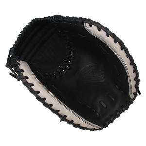 Top-down view of a black catchers mitt with tan lacing and a Mizuno logo.