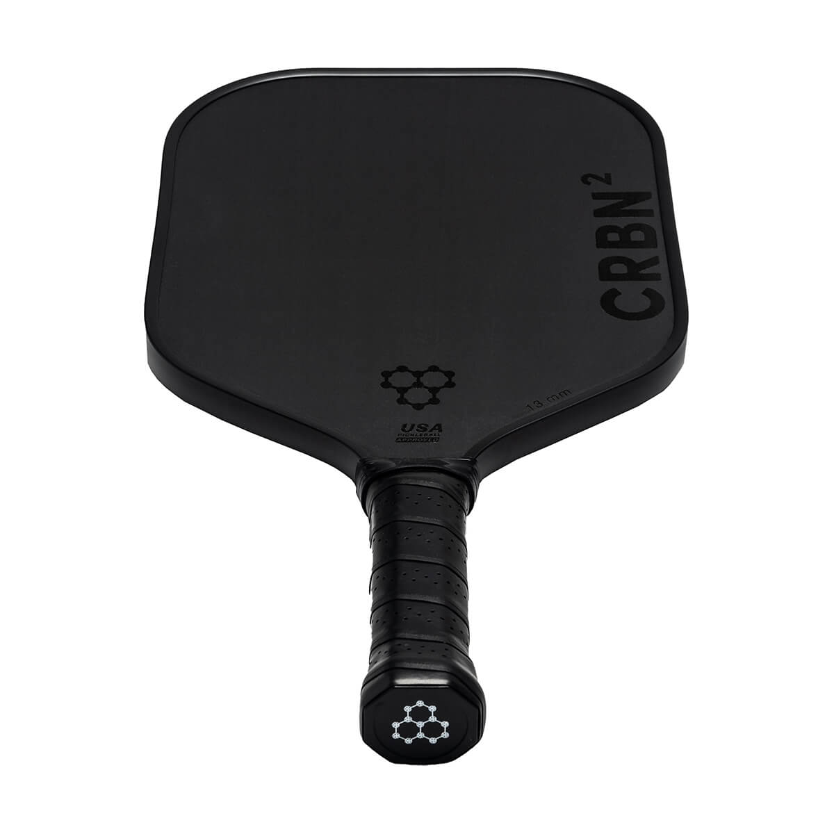 Top-down view of a black pickleball paddle with CRBN² branding and a honeycomb logo.