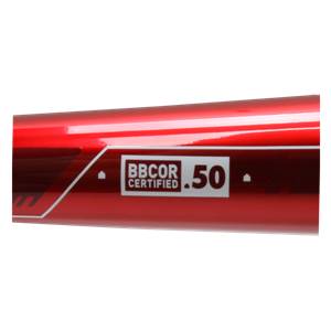 Side view of a red baseball bat with BBCOR CERTIFIED .50 text.