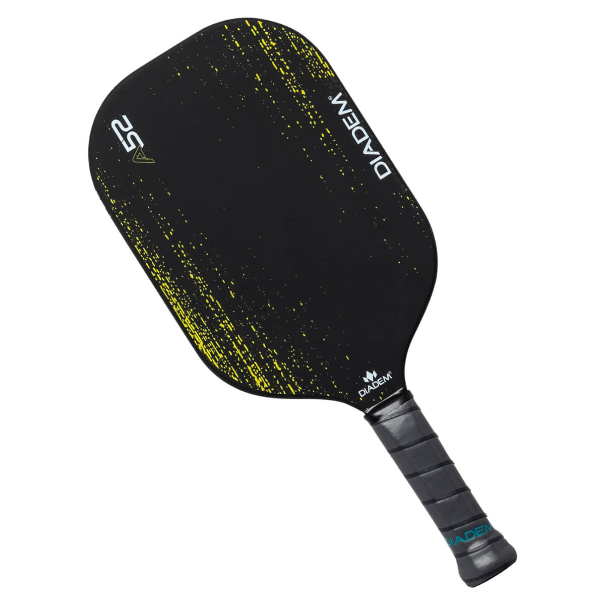 Top-down view of a black pickleball paddle with yellow speckle design, A52 and DIADEM text.
