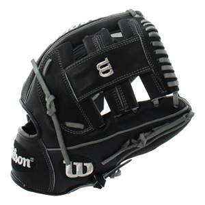 Side view of a black baseball glove with gray lacing and a Wilson logo.